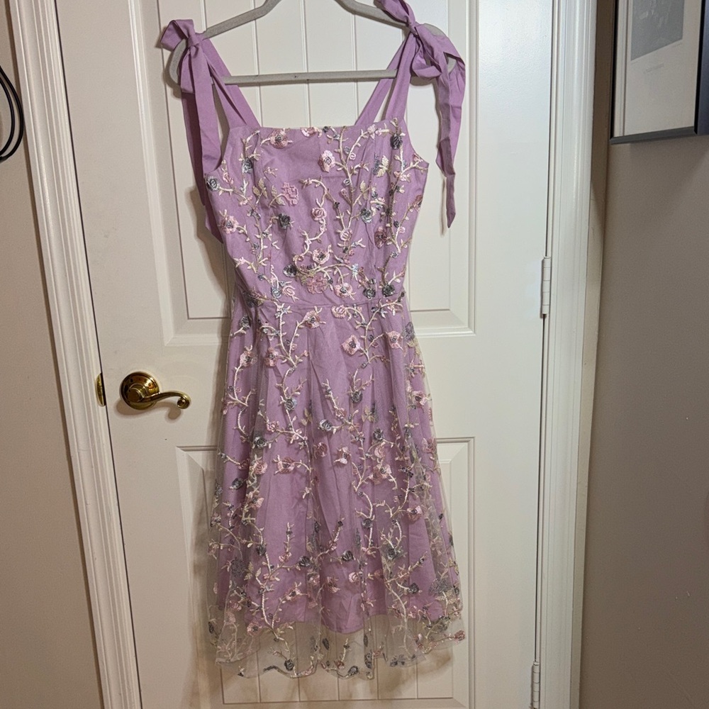 Elegant Lavender Midi Dress with Floral Embroidery - Picture 1 of 6